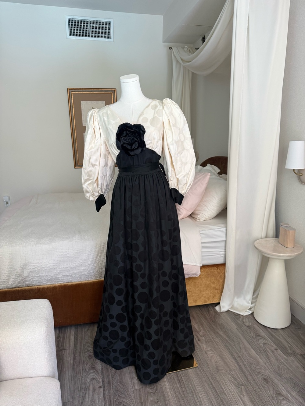 Vintage 80s Michael Novarese Black White Polka Dot Ball Gown Rosette Puff Sleeve - Picture 5 of 10
